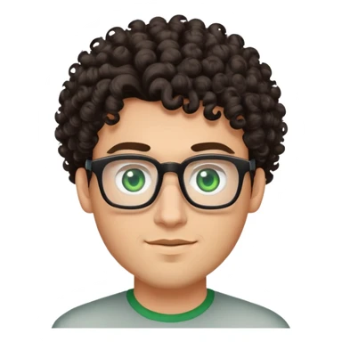 young man with dark tall voluminous curly hair styled up high on head, wearing glasses with green eyes and very light stubble, with a slight smile sticker