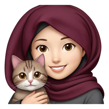 Asian white Girl wearing dark maroon hijab with white shirt smiling while holding a black brown grey tabby cat sticker