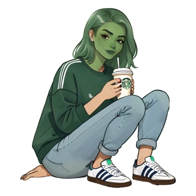 Girl wearing light blue denim jeans and adidas samba shoes with a navy sweatshirt holding a Starbucks coffee sticker