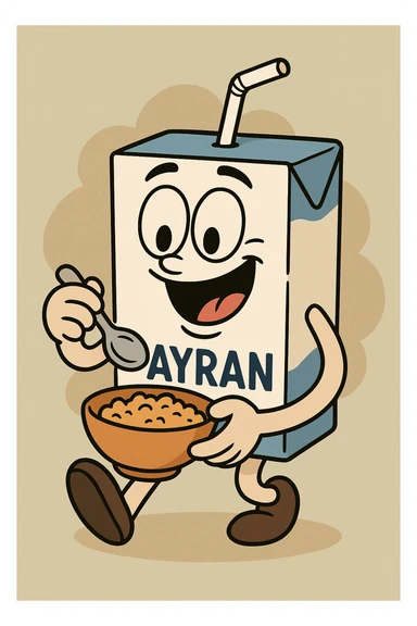 Ayran kutusu, mutlu şekilde yemek yerken, çizgi film tarzında, flat toon style sticker