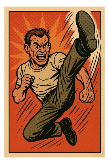 nasty-looking face performing a high ball kick, dynamic pose, intense expression, energetic style, comic book style sticker