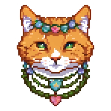 pixel art of the face of a ginger cat decorated with a garland sticker