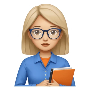 An asian woman with papers and laptop wearing glasses in blue and orange shirt sticker