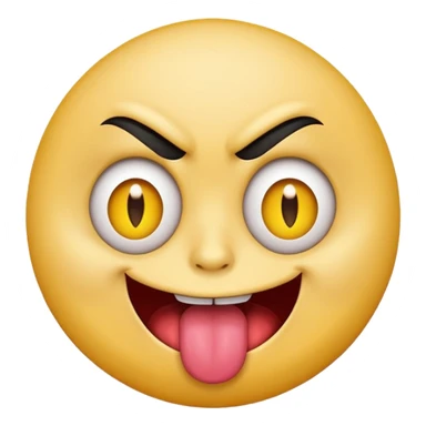 A yellow round face emoji smirking with its tounge out but the eyes are evil and kind of crazy and only one of the eyebrows is raised higher than the other eyebrow sticker