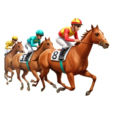A 3D cartoon horse race scene with jockeys in motion, grassy track, bright daylight, Memoji-style rendering. sticker