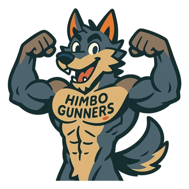 very muscular wolf furry, shirtless, 'Himbo Gunners' tattooed on chest, flexing pose, energetic and playful sticker