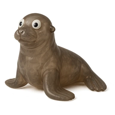 hyper-detailed retro 90's toy style see-through very transparent natural brown or gray plastic sea lion with derpy eyes soft plastic soft reflections soft and squishy some cloudiness not shiny highly detailed appealing no tag no background sticker