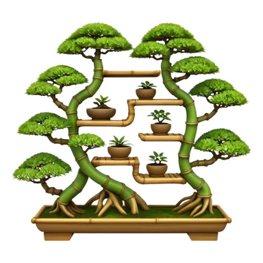 Twisted bamboo shelving unit with bonsai plants(in shallow bonsai pots) because they have too many  sticker