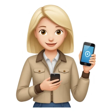 woman casual clothes holding just one phone in one hand and the other hand empty sticker