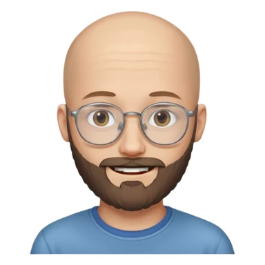 молодой парень 18 лет, лысый, с густой бородой и очень тонкими очками. У него серые глаза, и он выглядит как ребенок, несмотря на свой возраст. sticker