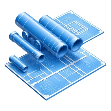 isometric view of blue blueprint plan with white lines and shaded 3D objects sticker
