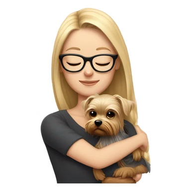 White girl, blonde hair, eyes closed, wearing glasses hugs Yorkshire terrier  sticker