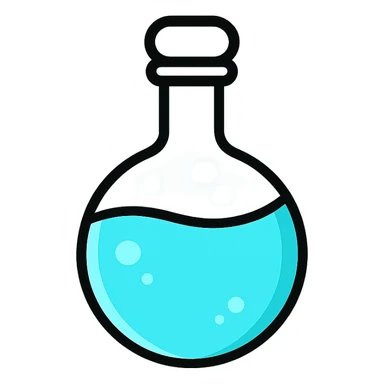 minimalist and modern Discord role icon of an elegant elixir bottle with a spherical base, floating, glass effect, filled with #6fe8f3 liquid, professional look sticker