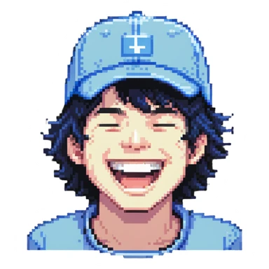 man with black hair and white skin wearing a blue cap hat, laughing sticker