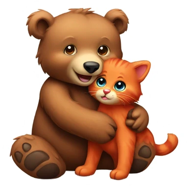 brown bear cub hugs red cat sticker