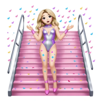 Sabrina carpenter singing at a concert wearing a silver bodysuit with kiss marks all over it  pink sparkle heels.  stage setting is very lit up with white stairs and confetti  sticker
