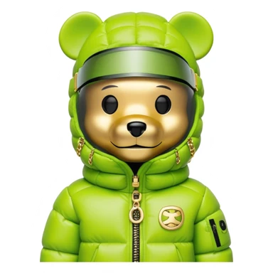 bearbrick in lime balaclava with logos where eye section is a single continuous dark visor lens integrated directly into the mask fabric, not additional eyewear, luxury puffy jacket with fur, gold chains sticker