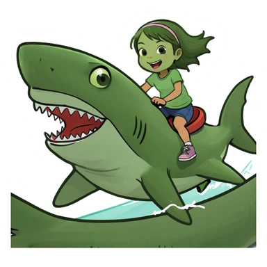 A little girl riding a shark sticker
