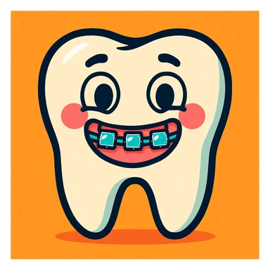 a cute tooth character with braces, cartoon style, smiling sticker
