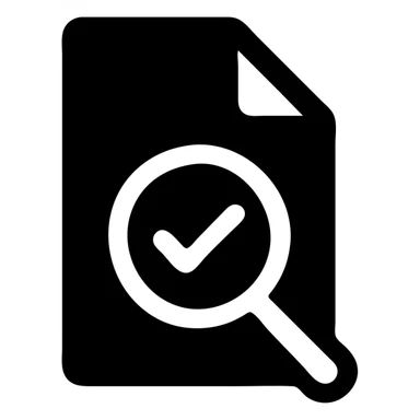 icon of a document with a magnifying glass and a checkmark, solid filled style, checkmark prominent sticker