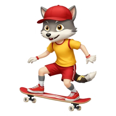 A gray wolf with large, expressive eyes and a friendly smile. The gray wolf is wearing a bright yellow T-shirt, red shorts, white knee socks, and sneakers. The baseball cap is on backwards. The wolf is preparing to perform a skateboarding trick. sticker