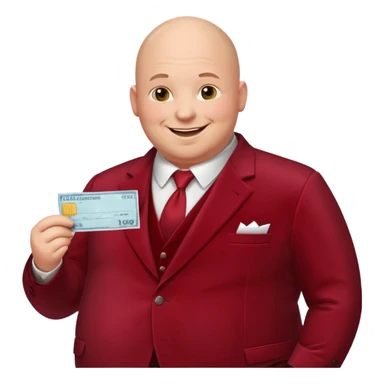 fat guy bold head in dark red velvet suit holding cheque sticker
