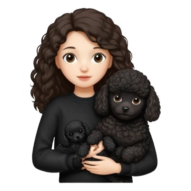 One Brunette girl with long hair in a black sweater holds a single black Poodle puppy in her arms sticker