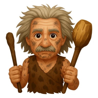 Make Albert Einstein as a caveman holding a club look more primitive, with rougher clothing, messy hair, and a more rugged appearance, in emoji style with no background. sticker