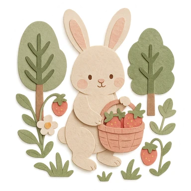 highly detailed, high quality paper craft style illustration of a bunny picking strawberries in the woods, sweet pastel red colors, intricate textures, soft lighting, delicate cut-paper details sticker