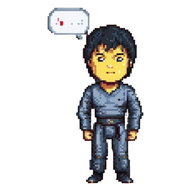 Bruce Lee in pixel art style, speaking his famous philosophy quote, with a speech bubble sticker