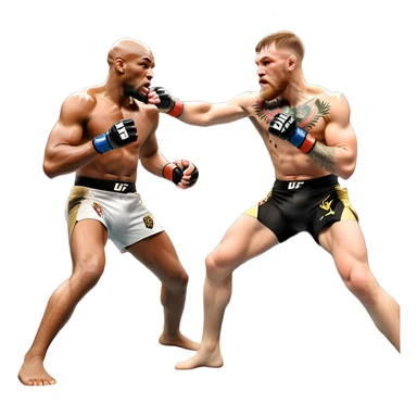 An MMA showdown between Conor McGregor and Anderson Silva in the octagon. McGregor is executing a powerful jumping strike, while Silva is expertly blocking the attack with his forearm. The background features the UFC octagon, fans in the distance, and dynamic action. Transparent background sticker