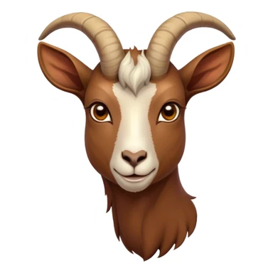 Cinematic Noble Brown Goat Portrait Emoji, Poised and regal, with a sturdy, agile build and a smooth, well-groomed rich brown fur accented by gracefully curved horns, deep-set soulful dark eyes, Simplified yet sharp and sophisticated features, highly detailed, glowing with a warm, dignified glow, high shine, intelligent and spirited, stylized with an air of rustic elegance, focused and attentive, soft glowing outline, capturing the essence of a watchful and confident goat, so majestic it feels as though it could leap out of the screen with effortless authority! sticker