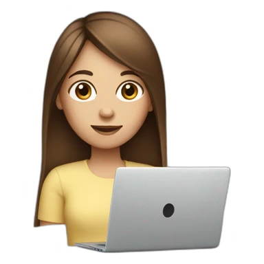 a girl with straight brown hair with a square behind a laptop sticker