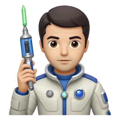 Sean Teale as Tristan the Doctor holding a sonic screwdriver in a space adventure sticker