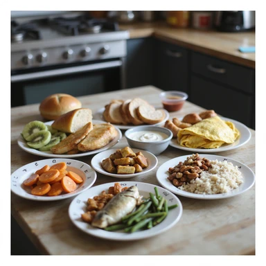hyperrealistic 4K table with separate plates for 2000 calorie diet: breakfast with omelette, whole grain bread, kiwi; lunch with turkey, potatoes, carrots; dinner with mackerel, rice, green beans; snacks with yogurt, nuts, apple. Plates labeled with calories, modern kitchen atmosphere sticker
