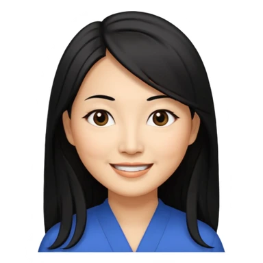 50 yr old asian woman, straight thick long black hair, big black, side part sticker