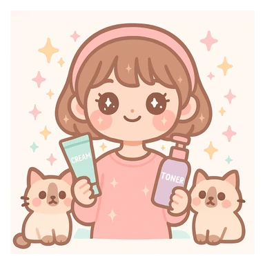kawaii soft girl with short brown hair, pink makeup, skincare items, sparkles, and two fluffy light brown ragdoll cats, pink soft girl aesthetic sticker