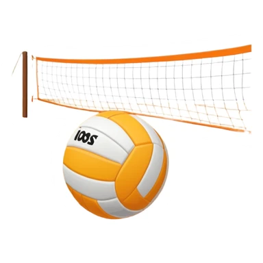 The scene captures a sunny sea beach with clear blue sea and sky, palm trees swaying. A volleyball resting on the orange sand ground of a beach, with a volleyball net in the background.  sticker