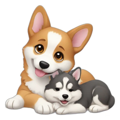 a "corgi puppy" cuddling with a "husky puppy" sticker