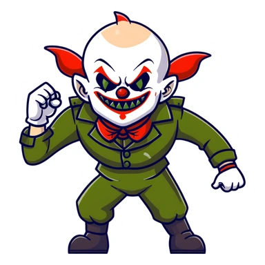evil clown warrior, bald, short horns on forehead, fangs, pointed ears, black and military green leisure suit, battle-ready fighting posture sticker