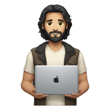 white young man with black beard an long hair and a macbook in her hand sticker