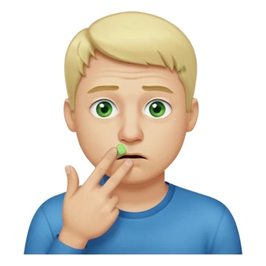 a emoji with two fingers in his nose, make him have a natural white skincolour and blonde hair, blue/green eyes, put the fingers in his nose, its a man and he needs two fingers IN his nose sticker