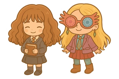 Combine the two characters side by side in a cute chibi style, maintaining a transparent background. Both characters should be adorable and harmonious in the chibi stickers style. sticker