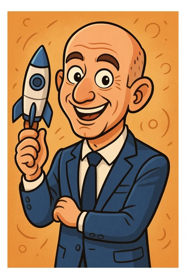 cartoon style portrait of Jeff Bezos, smiling, blue suit, holding a rocket, playful vibe sticker