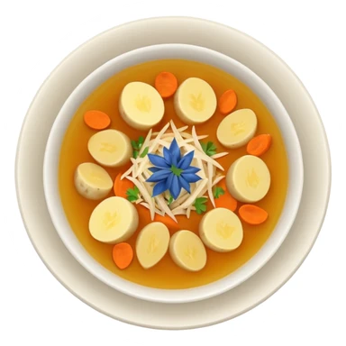 Emoji of a Mexican chicken broth (consomé de pollo): a warm golden soup with bits of shredded chicken, carrot, potato, and cilantro in a simple round bowl, viewed from above sticker
