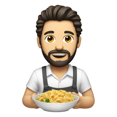 A light-skinned  man with dark straight hair and a beard eating pasta With a white shirt sticker