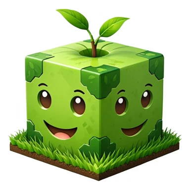 3D Apple style emoticons for Minecraft grass blocks, cube shaped with grass at the top and a plot below sticker