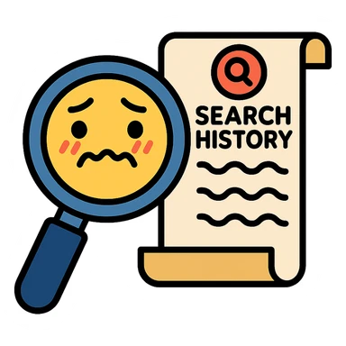 humorous icon of a magnifying glass looking at a long, embarrassing search history list sticker