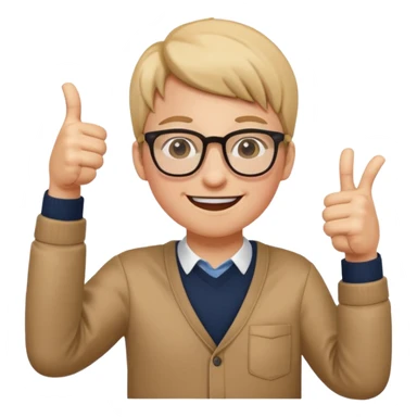 un estudiante que este parado con sus lentes guiñando el ojo y CON LAS MANOS HACIA ARRIBA DANDO LIKE sticker