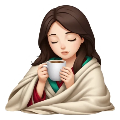 girl inside a blanket sipping coffee eyes closed, brunette with fair skin sticker
